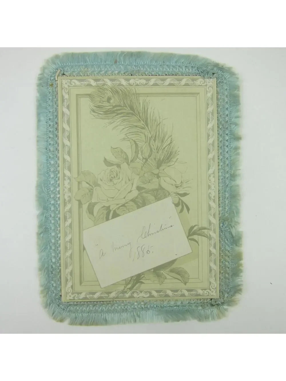 Victorian Card XL New Years Flowers Blue Silk Fringe Double Sided Antique 1886